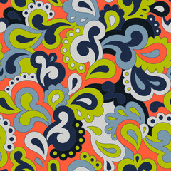 Retro seamless pattern. Swirls and paisley elements in boho design. Hippie psychedelic vector background. Colorful abstract vintage vector print. Summer groovy textile design