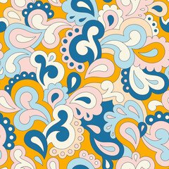 Retro seamless pattern. Swirls and paisley elements in boho design. Hippie psychedelic vector background. Colorful abstract vintage vector print. Summer groovy textile design