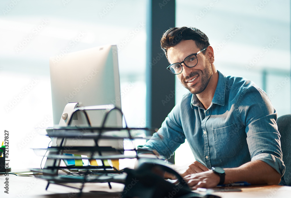 Aufkleber confident, relaxed and happy professional manager or hr assistant working on a computer in a modern 
