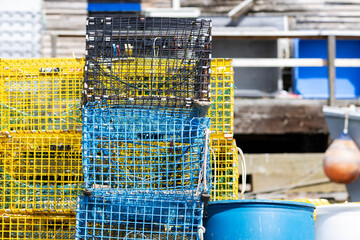 Yellow and Blue Wire Mesh Lobster Pots