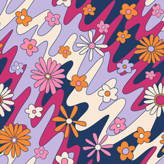 Abstract psychedelic fashion print. Colorful groovy retro background. Vintage 60s 70s hippie floral seamless pattern. Fluid lines and cartoon flowers boho textile design
