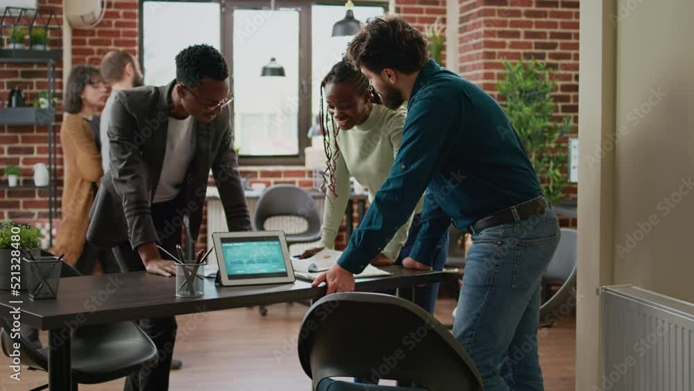 Poster diverse group of coworkers planning research analysis in business office, working on startup partner