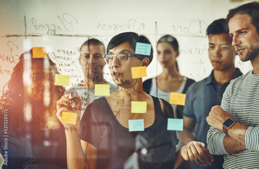 Poster business people planning ideas on a glass board thinking, brainstorming and working on strategy for 