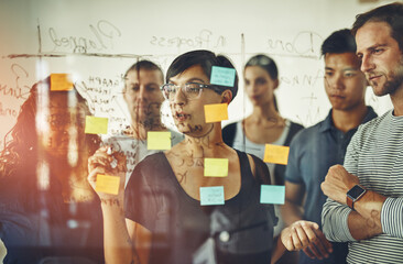 Business people planning ideas on a glass board thinking, brainstorming and working on strategy for...