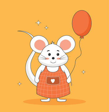 Mouse with air balloon. Poster or banner for website with fictional cute childrens characters. Greeting or invitation postcard, adorable mascot or toy for kids. Cartoon flat vector illustration