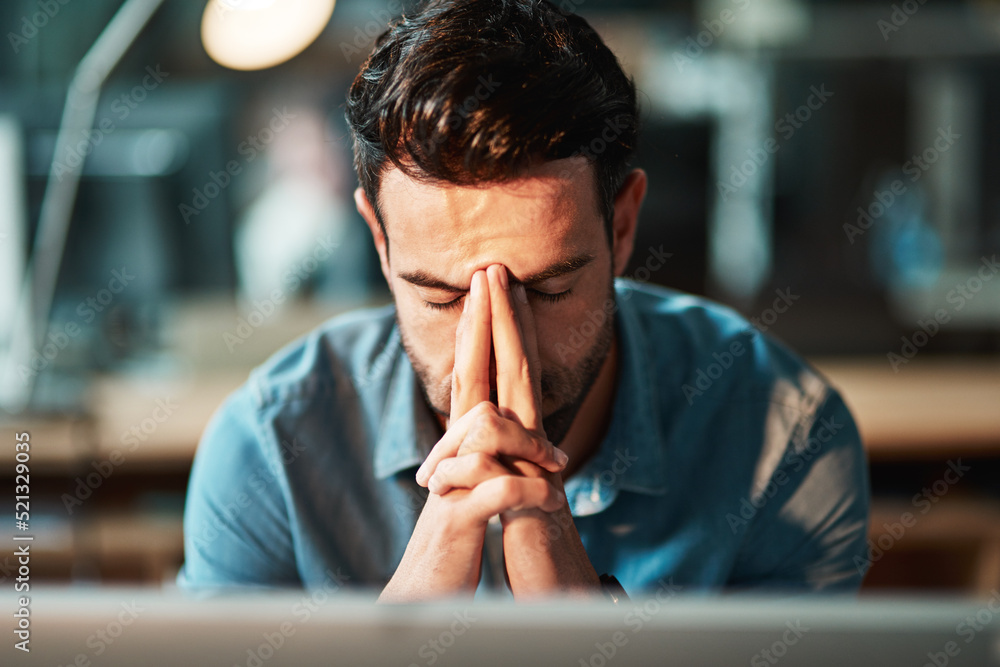Aufkleber stressed, tired and frustrated businessman with headache at night from burnout or making mistake on 