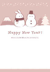 雪だるまとうさぎが並んだ卯年年賀状デザイン　茶色背景