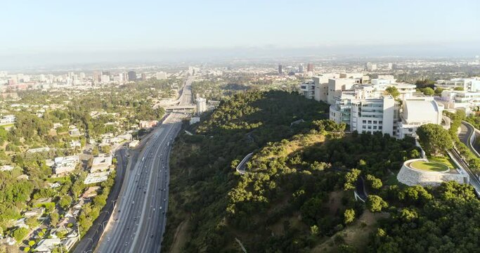 Aerial Panning The Freeway And The Getty Research Institute Hillside Campus - Los Angeles, California