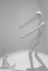 wooden mannequin scolding another smaller mannequin.