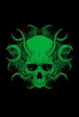 Skull and horn with carving temple moon artwork illustration