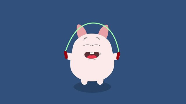A smiling pig with an skipping rope