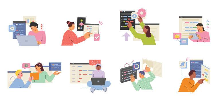 Developers are coding programs on computers. A computer pop-up window floats around the programmer. flat design style vector illustration.