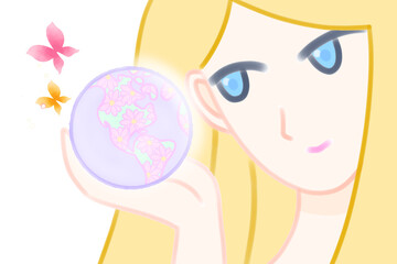 地球を守ろう　女性　地球儀