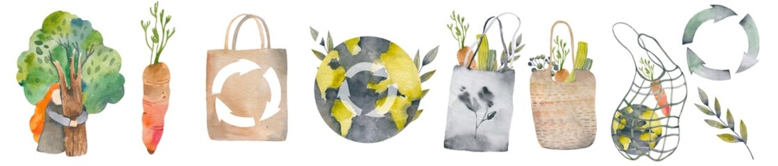Collection of Zero Waste durable and reusable items or products - glass jars, eco grocery bags, wooden cutlery, comb, toothbrush and brushes, thermo mug. Watercolor set illustration 