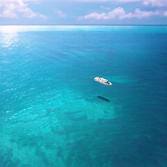Fototapeta na wymiar 南の海 透明な海 緑の海 浮かぶ小舟 ボート クルーザー ヨット 