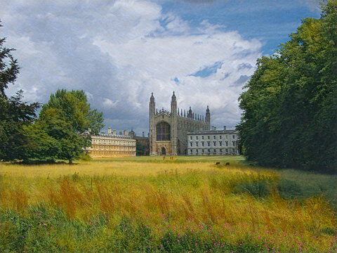River Cam view of King's College Chapel in Cambridge, England. Edited to look like a painting, with fluffy clouds, green trees, and tall grass growing in the summer sun.