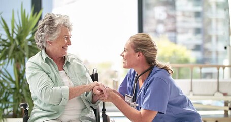 Support, care and affection from nurse or doctor hugging a senior patient sitting in a wheelchair. Female Healthcare professional greeting mature or old lady at the retirement home - Powered by Adobe