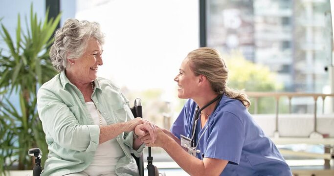 Support, care and affection from nurse or doctor hugging a senior patient sitting in a wheelchair. Female Healthcare professional greeting mature or old lady at the retirement home