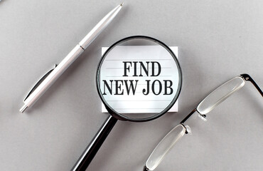 Word FIND NEW JOB on sticky through magnifier on grey background