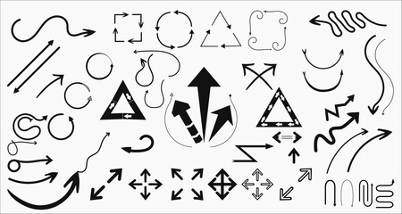 Set of multifunctional black arrow elements. Vector Hand Drawn Doodle for Directions, Navigation, paths and lines