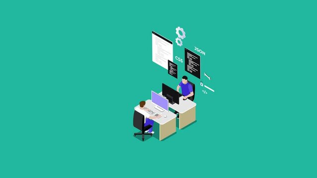 Two programmers using computer for website coding