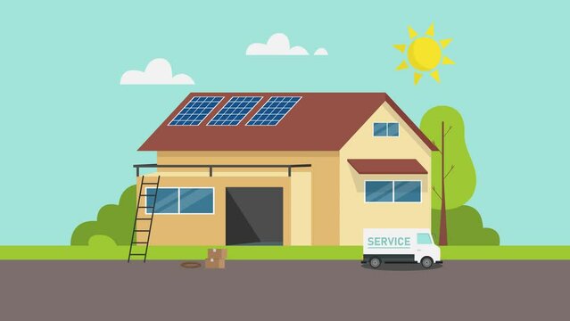 Workers installing solar panel on rooftop of house