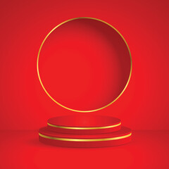 Red and gold round podium pedestal on studio lighting minimal background. Design creative concept product display mock up. 3D rendering illustration.