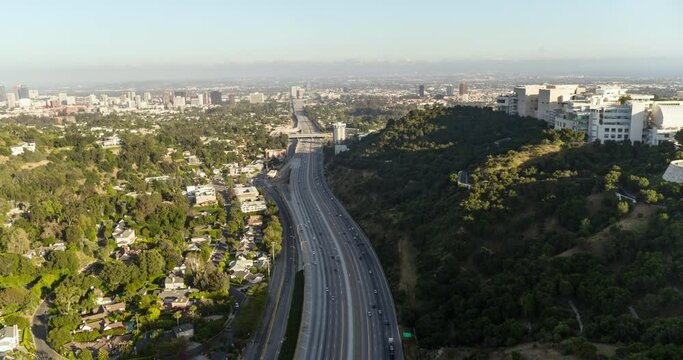 Aerial Panning Above The Freeway And The Getty Research Institute Hillside Campus - Los Angeles, California