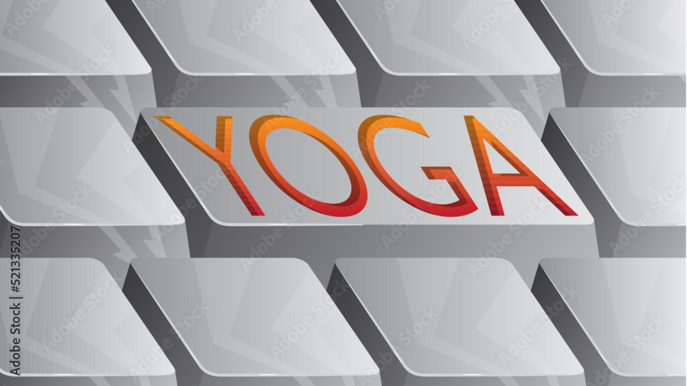 Poster computer keyboard with yoga text. close-up of an electronic computer device part, keypad.