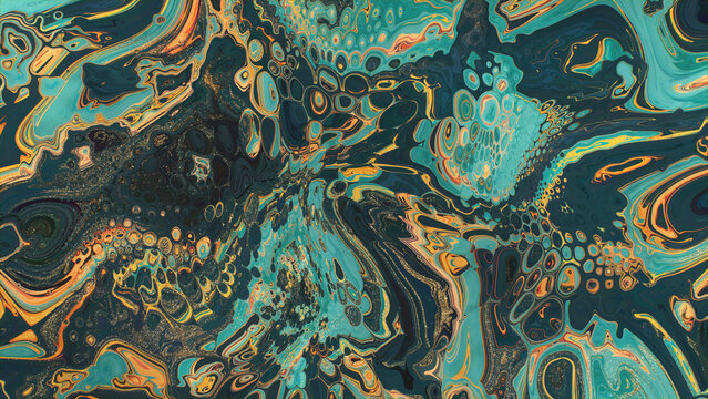 Liquid Swirls in Beautiful Turquoise and Yellow colors, with Gold Glitter. Luxurious Acrylic Pour Background.