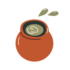 Witches cauldron with boiling magic potion isolated on white background. Decorative element for Halloween card, invitation, banner. Vector doodle illustration