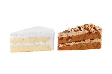 Slice of delicious coconut cake and Coffee cake isolated on white background