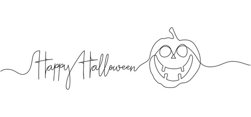 Happy Halloween continuous one line drawing background. Pumpkins with scary smiling face. Vector illustration for design poster, banner, flyer.