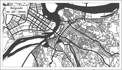 Belgrade Serbia City Map in Black and White Color in Retro Style Isolated on White.