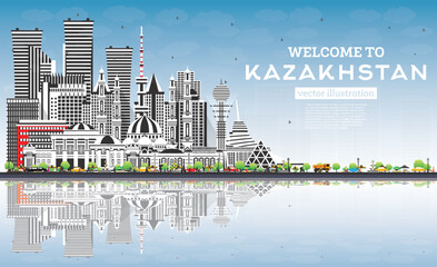 Obraz premium Welcome to Kazakhstan. City Skyline with Gray Buildings, Blue Sky and Reflections.