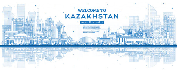 Outline Welcome to Kazakhstan. City Skyline with Blue Buildings and Reflections. - obrazy, fototapety, plakaty