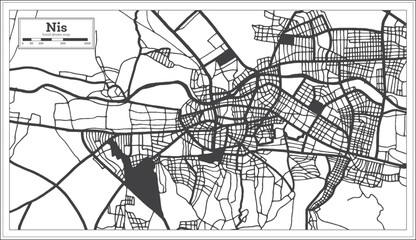 Nis Serbia City Map in Black and White Color in Retro Style Isolated on White.