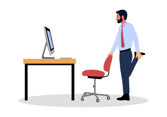 Businessman doing exercise in office concept vector illustration. Office syndrome prevention. Stretching exercise.