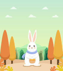 Ilustration of little rabbit holding a basket of persimmons