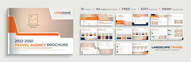 Landscape multipurpose travel agency brochure design template or 16 pages company profile brochure template layout