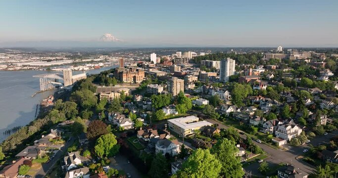 Late Afternoon Light Aerial View Tacoma Washington Thea Foss Waterway Mt Rainier USA