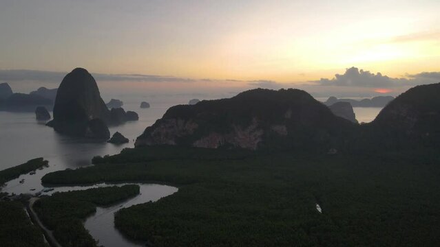aerial view mountains. smed nangshe Phang Nga national park in Thailand. Tropical nature drone shot.top view move forword