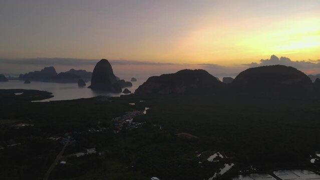 Flying over forest view mountains. smed nangshe Phang Nga national park in Thailand. Tropical nature drone shot.top view move forword