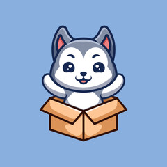 Husky Sitting Out From Box Cute Creative Kawaii Cartoon Mascot Logo