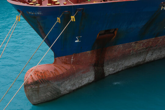 bulbous bow ship moored towering.