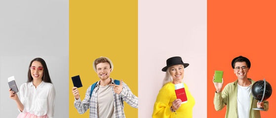 Set of people with passports and tickets on color background