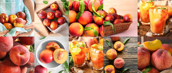Collage with sweet ripe peaches and juice