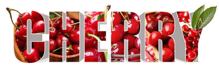 Word CHERRY with sweet berries on white background