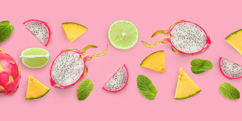 Collage of tasty fresh tropical fruits and mint leaves on pink background
