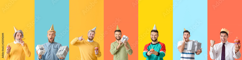 Poster Set of men celebrating birthday on colorful background